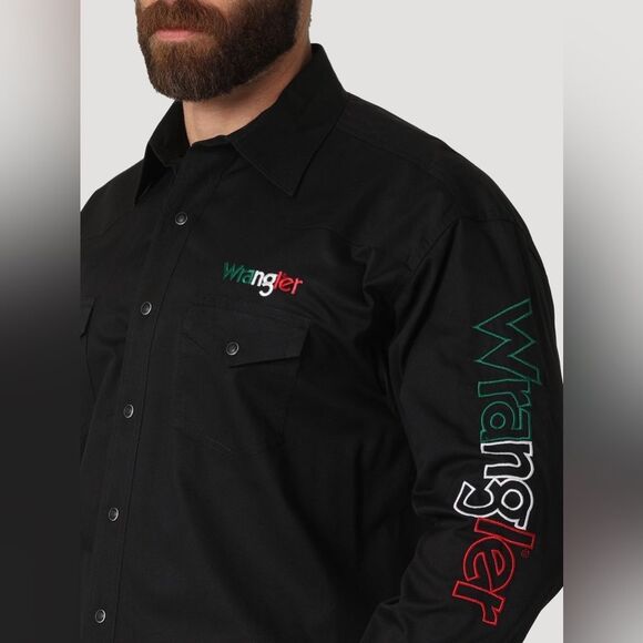 WRANGLER MEXICO LOGO BLACK LONG SLEEVE WESTERN SNAP SHIRT size L nwt - Picture 1 of 8